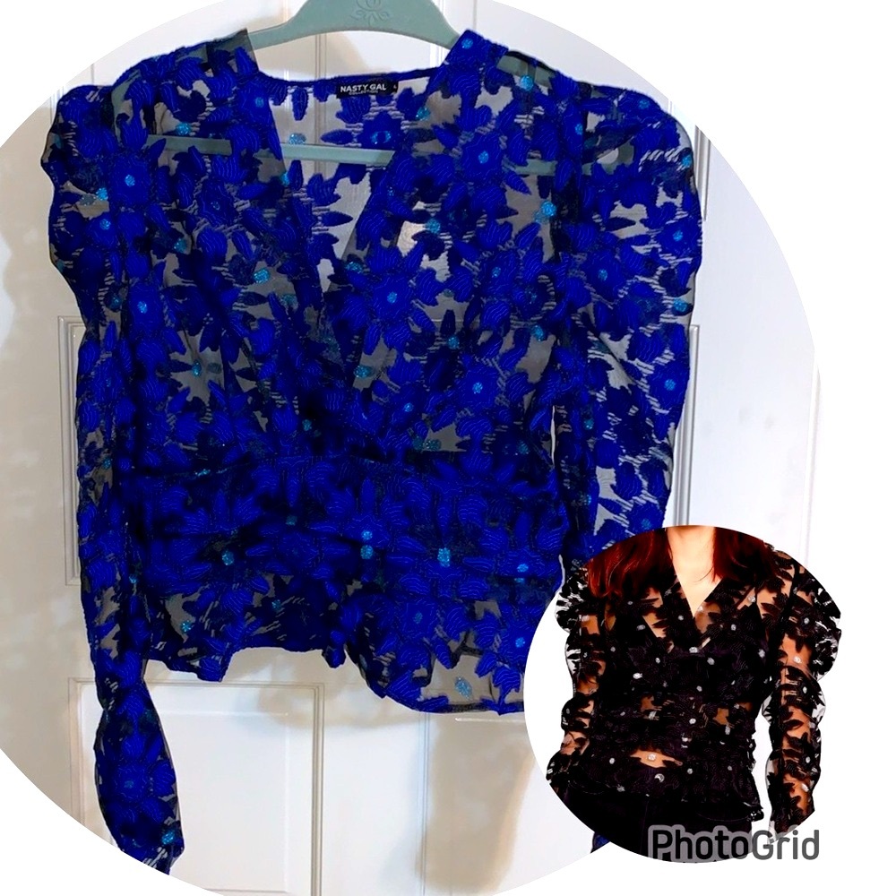Nasty Gal Sheer Faux Wrap Appliqué Top